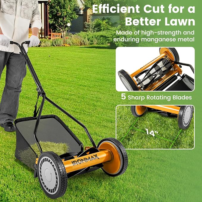 IRONMAX Lawn Mower, 14 Inch Push Reel Lawn Mower with 5 Steel Blades, Adjustable Cutting Heights, Grass Catcher Bag, Walk-Behind Manual Lawnmower for Garden Park Yard, No Motor (Orange, 14 Inch) - Image 4