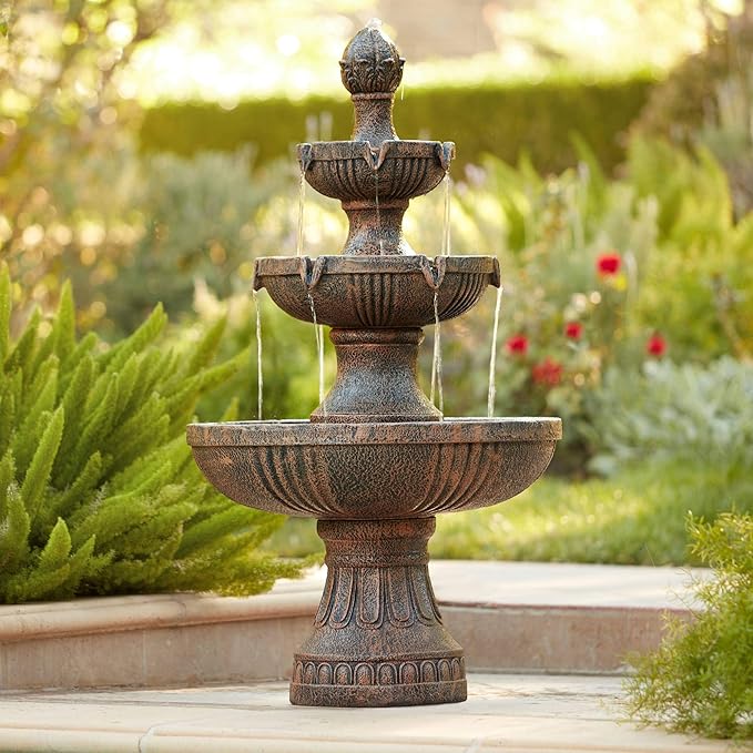 Ravenna 43" High Large Italian Indoor Outdoor Decor Faux Stone Floor Fountain Standing Waterfall 3-Tier Basin Tall Water Feature for Outside Garden Patio Yard Backyard Porch Deck - John Timberland