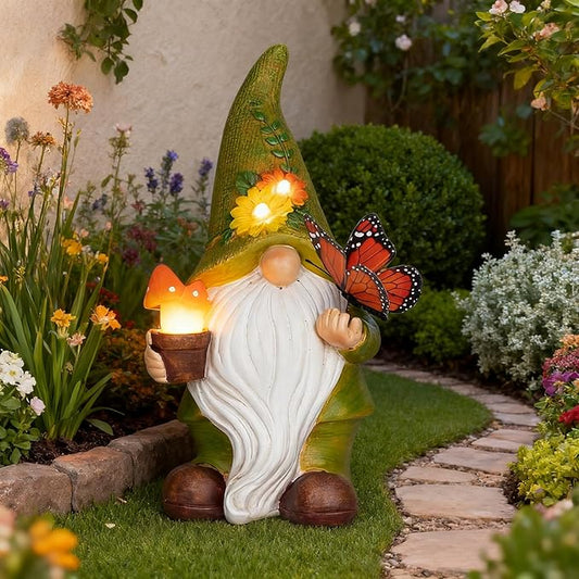 Garden Gnomes Outdoor Garden Decor-Resin Gnome with Solar Outdoor Lights Decorative Mushroom and Vivid Butterfly Spring Gnomes Decorations for Yard Decor,Gardening Gifts for Women