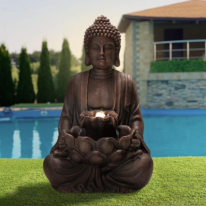 Glitzhome 24" H Zen Style Meditating Buddha Water Fountain Statue with Pump and LED Light, 2 Tier Waterfalls Resin Indoor Outdoor Floor Fountain for Garden Patio Backyard Decking