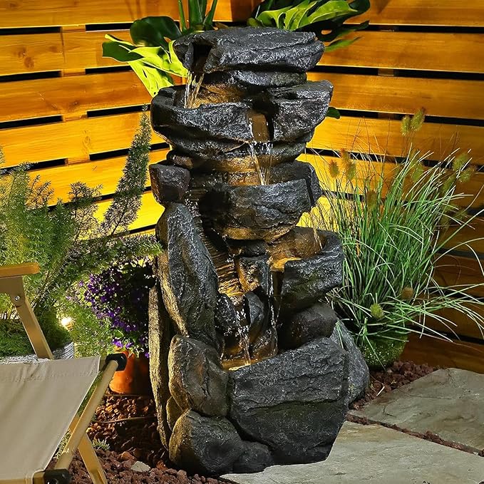 Water Features Outdoor Patio 6-Tier Cascading Rock Water Fountain 31.5''Water Fall Fountain Outside Resin Fountain with Light Mossy Rock Floor Garden Fountain Indoor for Relaxation Home Decor