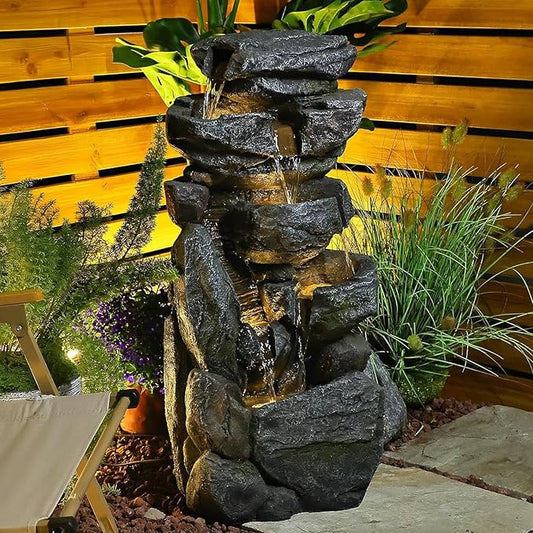 Water Features Outdoor Patio 6-Tier Cascading Rock Water Fountain 31.5''Water Fall Fountain Outside Resin Fountain with Light Mossy Rock Floor Garden Fountain Indoor for Relaxation Home Decor