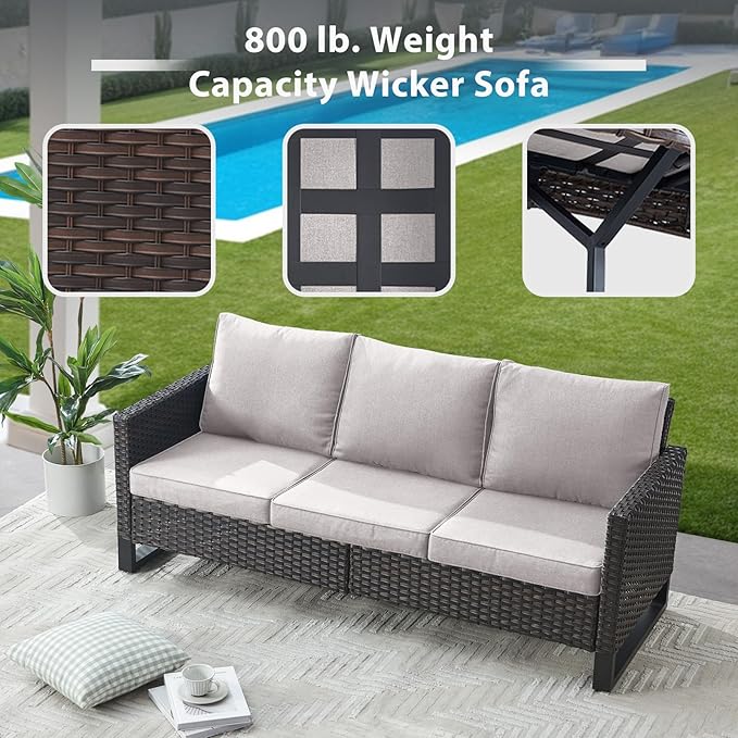 6 Piece Wicker Patio Furniture with Fire Pit Table - Outdoor Conversation Set with 50,000 BTU Fire Pit, All Weather Rattan Patio Set for Deck Backyard Garden - Brown Wicker Beige Cushion