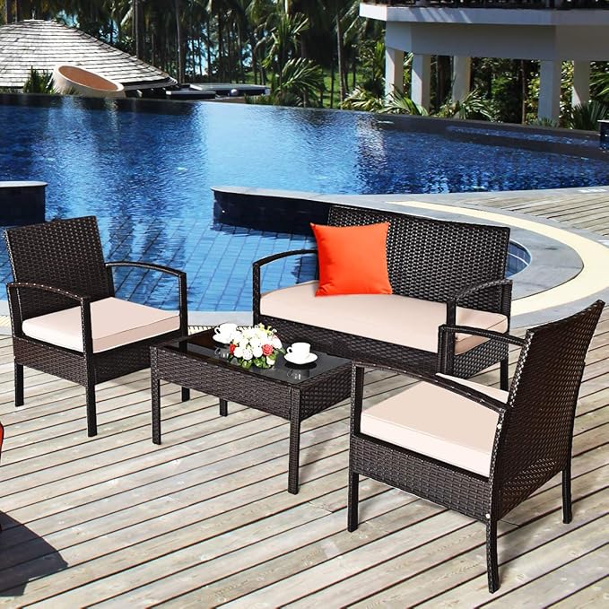4 Pieces Patio Furniture Set, Wicker Conversation Set with Water-Resistant Cushion & Tempered Glass Table, Porch Deck Furniture Outdoor Rattan Chair for Backyard, Balcony(Beige)