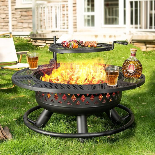 Panovue 36 Inch Fire Pit with Grill,Wood Burning Fire Pits for Outside with Lid& Fire Poker,Round Metal Firepit Table 3 in 1 with Cooking Grate,Outdoor Firepits for Yard Patio Bonfire Camping(Black) by Panovue