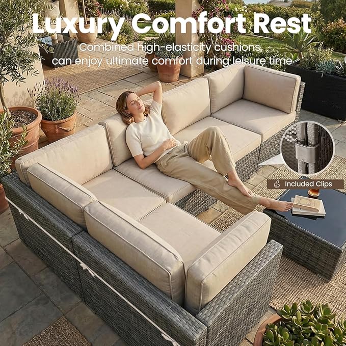 10 Pieces Patio Furniture Set with 44" Propane Gas Fire Pit Table, Outdoor Sectional Wicker Conversation Sofa Sets with Coffee Table