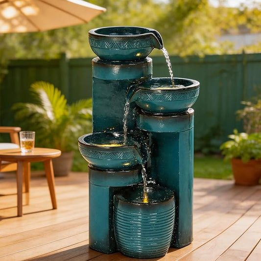 19.3" Outdoor Water Fountain with LED Lights, 4-Tier Cascading Water Feature with Pump, Turquoise Faux Ceramic Pedestal Waterfall for Garden, Patio, Yard or Porch