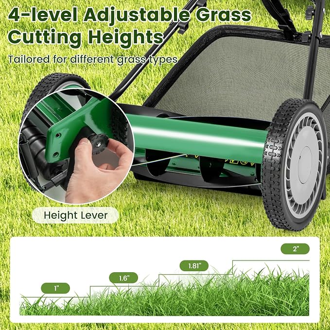 16-inch 5-Blade Push Reel Lawn Mower, Walk-Behind Grass Cutter w/Removable 7 Gallon Grass Catcher Bag & Adjustable Cutting Height, Cordless Manual Lawn Mower for Garden, Lawn, Yard (Green) - Image 5