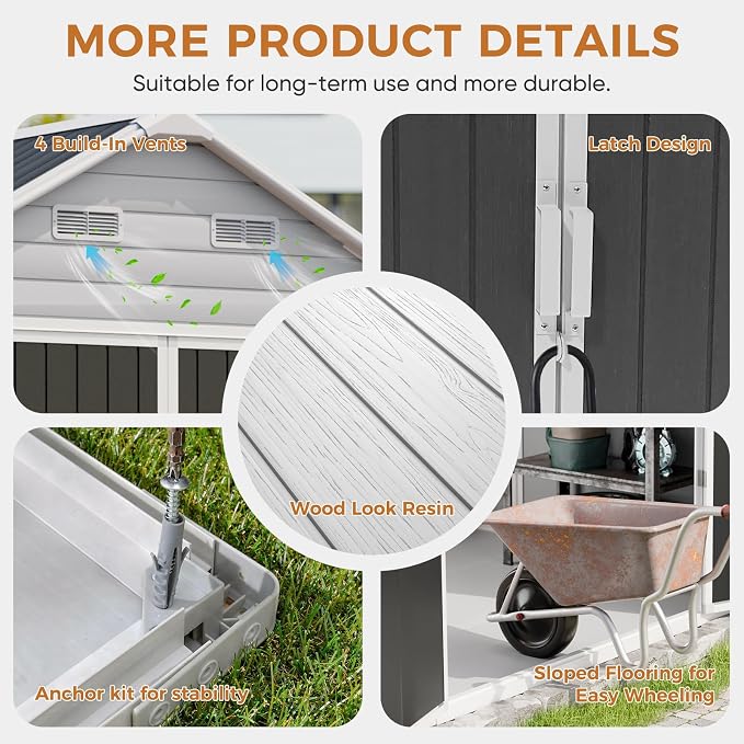 CDCASA Resin Storage Shed 8x12 FT, Waterproof Outdoor Sheds Heavy Duty Aluminum Frame Outside Plastic Tool Shed with Adjustable Openable Windows, Lockable Door for Backyard, Garden, Lawn, Dove Grey - Image 7