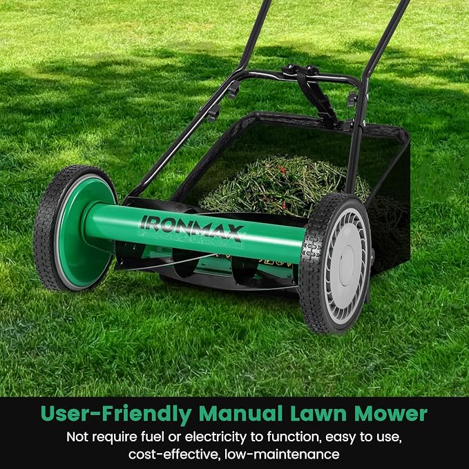 IRONMAX Lawn Mower, 16 Inch Push Reel Lawn Mower with 5 Steel Blades, Adjustable Cutting Heights, Grass Catcher Bag, Walk-Behind Manual Lawnmower for Garden Park Yard, No Motor (Green, 16 Inch) - Image 2