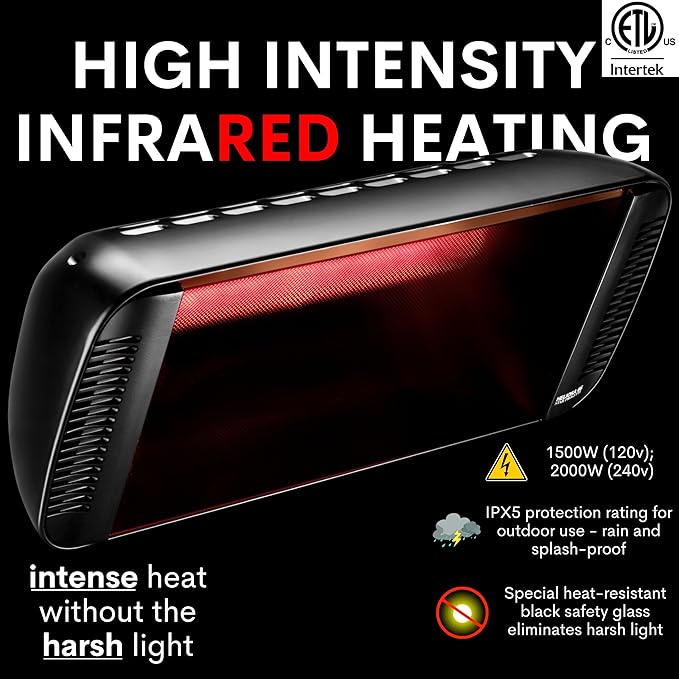 Professional Electric Infrared Outdoor Patio Heater, Wall Mounted, Comes with 6' 120V Plug-in Cord, Water Resistant for Residential and Commercial Use