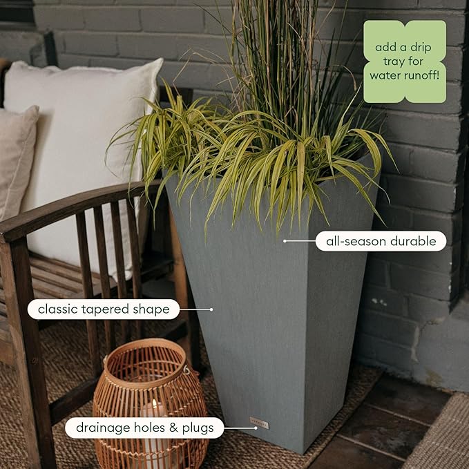 Veradek V-Resin Indoor/Outdoor Taper Planter (Gray, 26 inch - 2 Pack with 2 Saucer Trays)