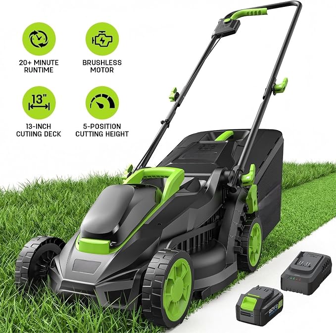 13-Inch Cordless Electric Lawn Mower, 21V Brushless Battery Push Mower with 4.0Ah Battery & Charger, 5-Position Height Adjustment, 8-Gallon Grass Bag - Image 2