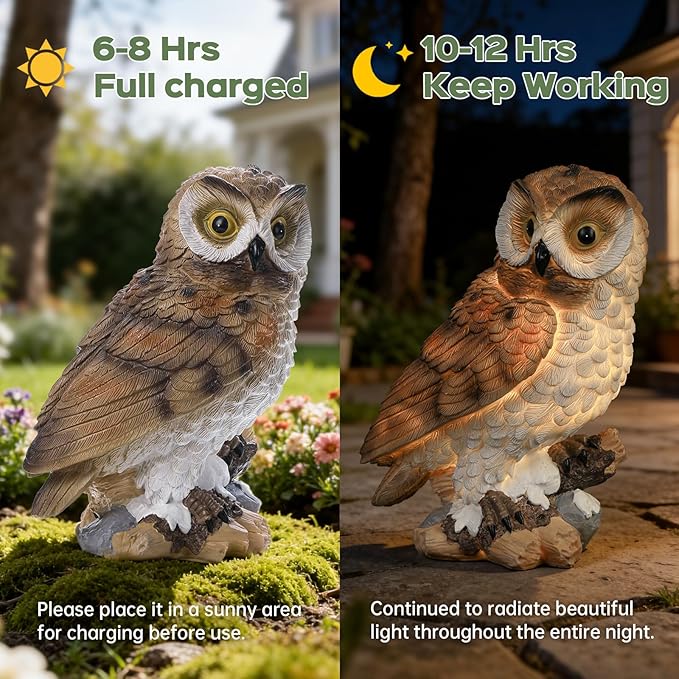 Garden Owl Outdoor Statue,Solar Owls Figurine Sculpture with LED Lights for Porch Patio Lawn Yard Deck Spring Decor - Ideal Easter Day Housewarming for Women Men Owl Lover