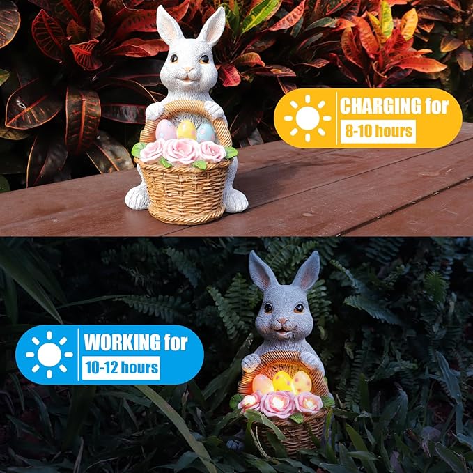 Bunny Easter Decorations Outdoor, Solar Rabbit Garden Statue, Unique Outside Lawn Animal Ornaments for Patio Clearance Balcony Court, Great Housewarming Gifts to Mom Women Birthday Mother's Day