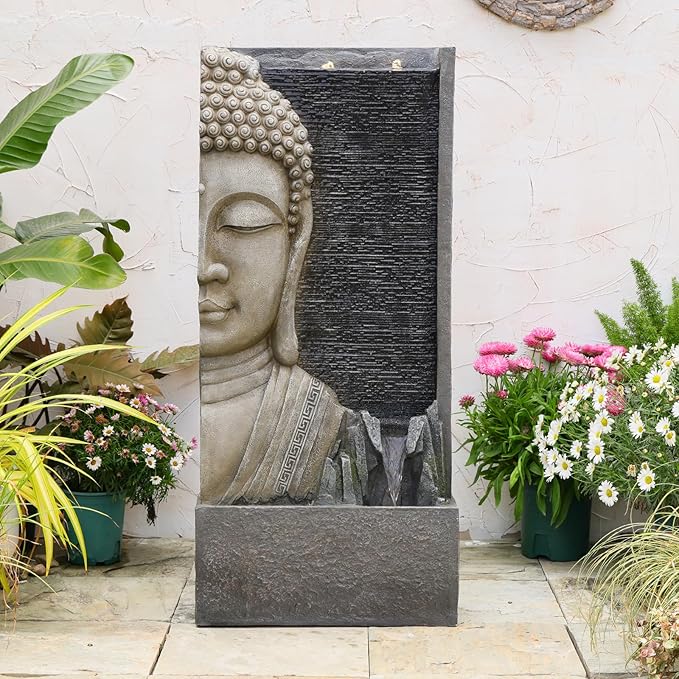 47.5" Buddha Water Fountain Outdoor with LED Lights, Large Zen Garden Waterfall Feature with Double Bubblers and Stream, Resin Statue for Patio, Yard, Porch, Meditation Decor
