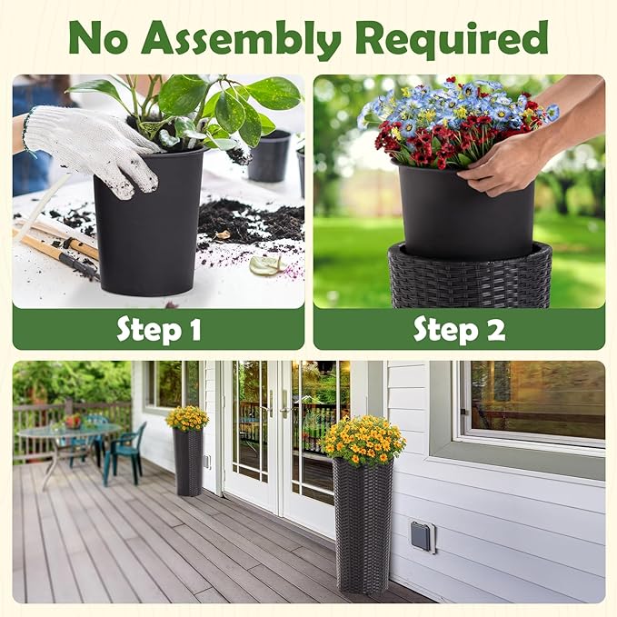 Idzo All Weather Wicker Planters for Outdoor Plants Set of 2, 24 inch Tall Black Planter for Front Porch, Patio, Balcony, Indoor Usage - Round Rattan Flower Pots
