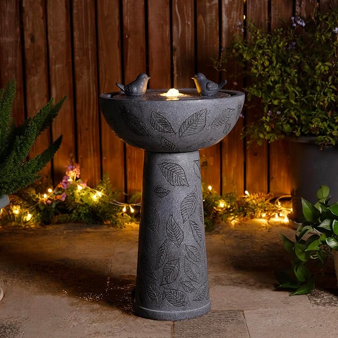 Glitzhome Outdoor Water Fountain with Lights & Pump, Bird Bath Fountain with Birds, 27.5" H Polyresin Floor Waterfall Fountains Water Feature for Garden, Yard, Patio, Home Decor