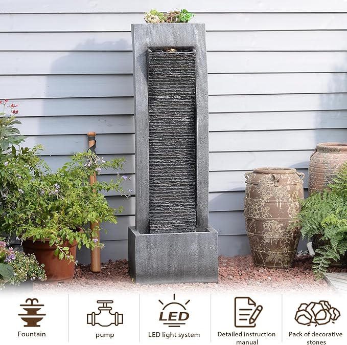 Outdoor Water Fountain, 49.2" Tall Freestanding Fountain with LED Lights & Pump - Curved Faux Slate Waterfall Feature for Garden/Patio/Backyard, Resin Fiberglass Indoor Outdoor Floor Standing Fountain