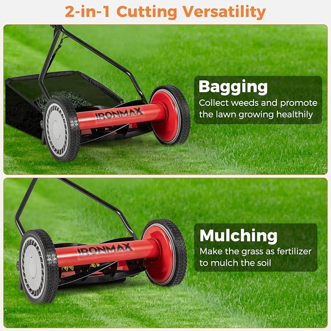 IRONMAX Lawn Mower, 14 Inch Push Reel Lawn Mower with 5 Steel Blades, Adjustable Cutting Heights, Grass Catcher Bag, Walk-Behind Manual Lawnmower for Garden Park Yard, No Motor (Red, 14 Inch) - Image 7
