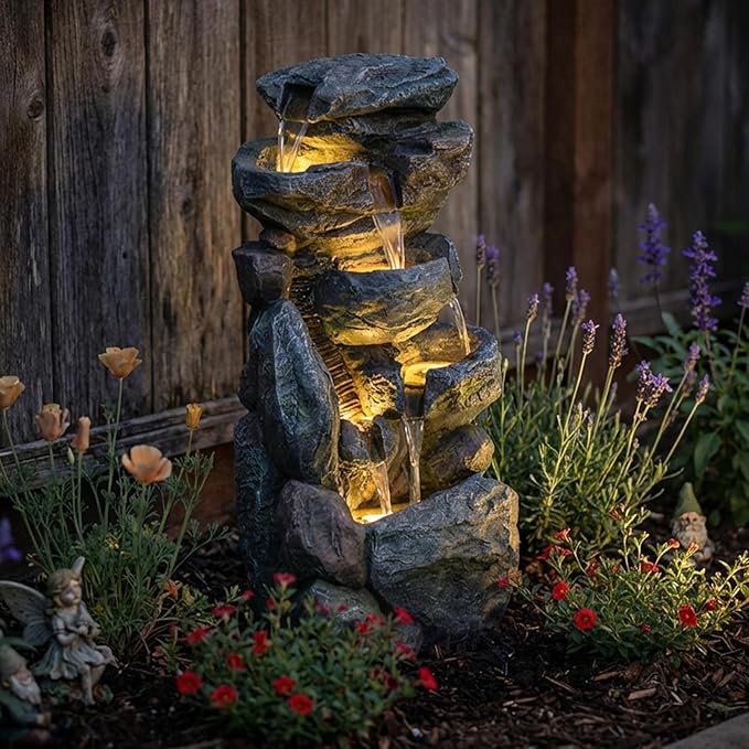 Water Features Outdoor Patio 6-Tier Cascading Rock Water Fountain 31.5''Water Fall Fountain Outside Resin Fountain with Light Mossy Rock Floor Garden Fountain Indoor for Relaxation Home Decor