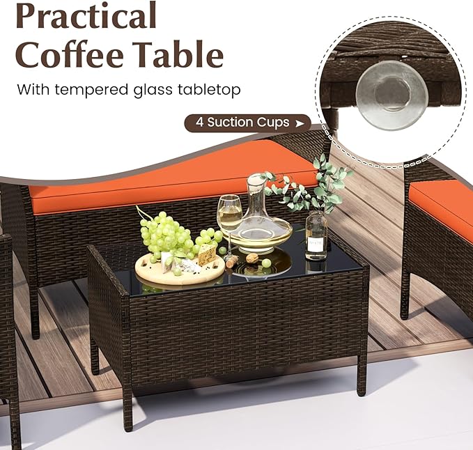 KOTEK 4 Piece Patio Furniture Set, Outdoor Rattan Conversation Set with Loveseat, Wicker Chairs, Tempered Glass Coffee Table, Wicker Patio Set for Backyard, Porch (Orange)
