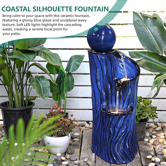 32" H Ceramic Outdoor Water Fountain with LED Lights, 3-Tier Cascading Sphere Water Feature, Tranquil Waterfall for Relaxing Garden, Patio, Yard, or Porch, Cobalt Blue, Dynamic Wave-Texture