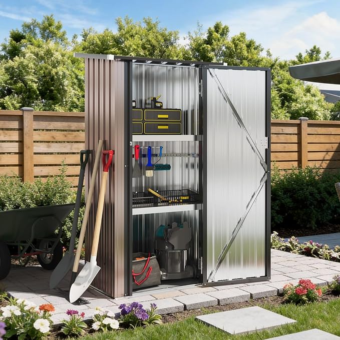 Aoxun 2.5x2FT Outdoor Storage Cabinet with Floor, Metal Tool Shed with Adjustable Shelves & Lockable Door, Weatherproof Outdoor Cabinet for Patio, Garden, Backyard - Image 3