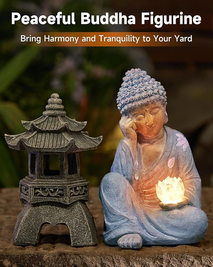 Buddha Statue Outdoor with Lotus Flower Light, IP65 Waterproof Solar Statue Lights, Outdoor Statues for Garden, Zen Decor for Garden, Home, Patio, Lawn