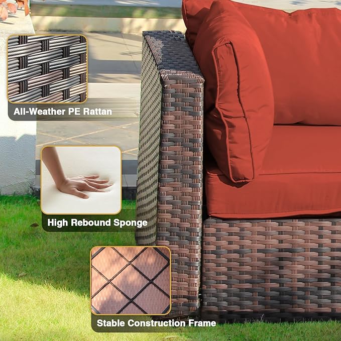 12 Piece Patio Furniture Set with Fire Pit Table All Weather PE Rattan Outdoor Sectional Sofa Couch with No-Slip Cushions and Glass Top Table for Garden, Poolside, Backyard (Red)