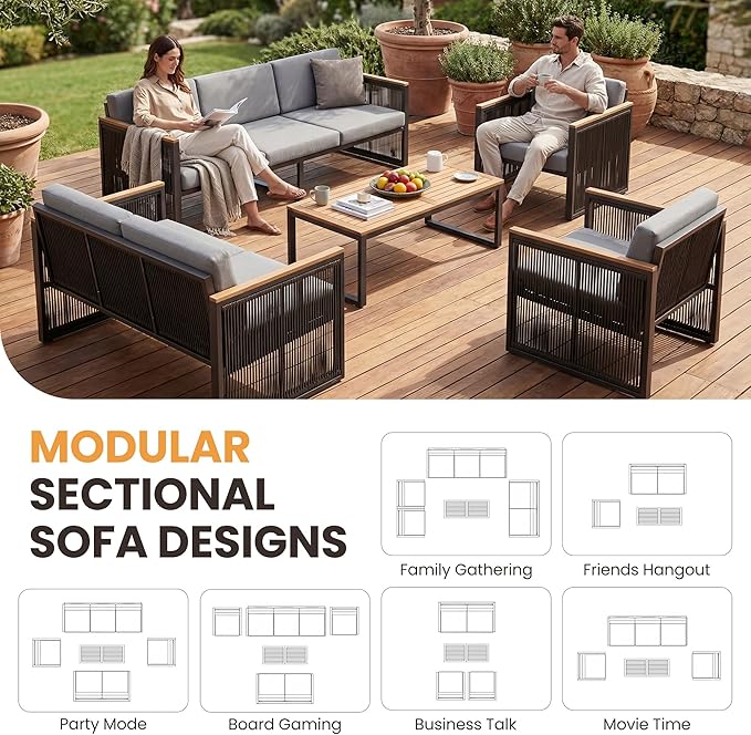 5 Piece Patio Conversation Set for 7, Modular Patio Sofa Couch with Cushions, Rattan Outdoor Patio Furniture Set with Loveseat/Coffee Table, Outdoor Sectional Furniture for Deck/Porch, Grey