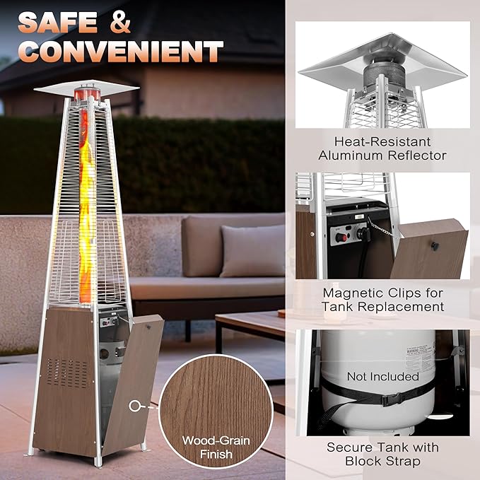 Nuu Garden Pyramid Propane Patio Heater 48,000 BTU with Wheels, Outdoor Glass Tube Heating Tower for Deck, Porch, Camping, Backyard, Stainless Steel Burner, Wood-Grain Finish