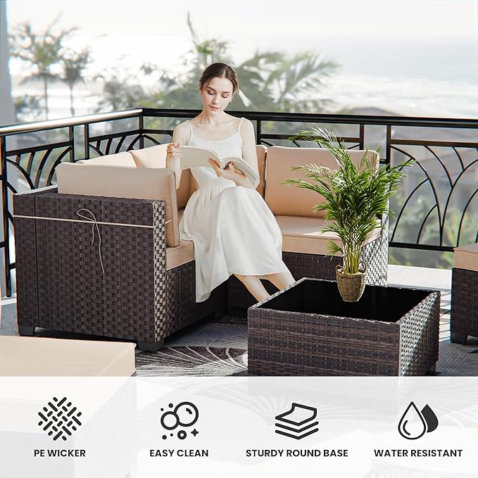 12 Pieces Outdoor Patio Furniture Set,Outdoor Sectional Furniture All Weather PE Rattan Wicker Patio Conversation Set with Coffee Table,Swivel Rocking Chairs Set,Sand