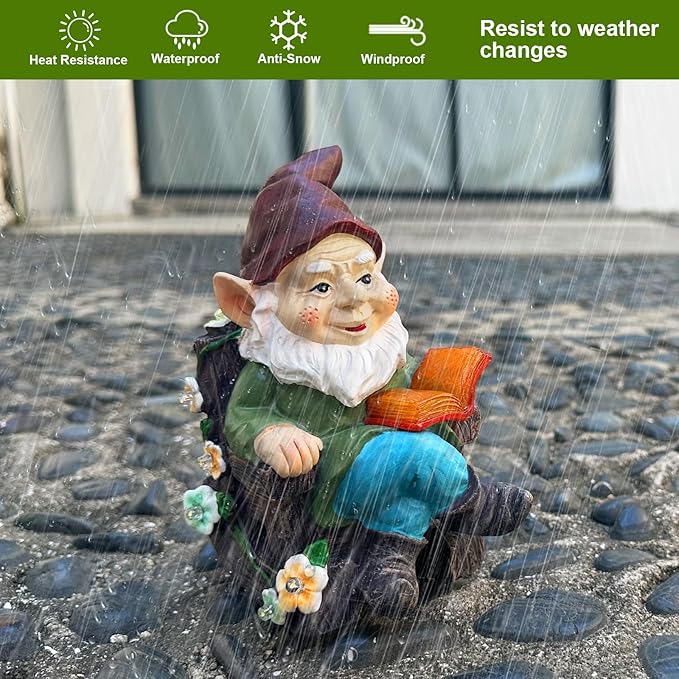 Solar Garden Gnome Statues Outdoor, Fairy Rocking Chair Gnomes Reading Book Succulents Figurines Lights Yard Art Sculpture Home Decor for Outside Patio Balcony Lawn, Unique Loved One Gifts for Mom