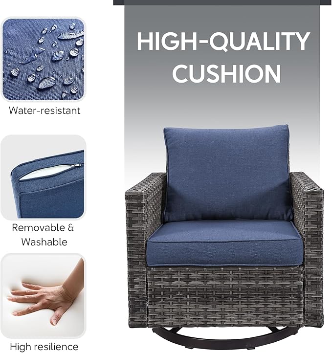 9 Piece Wicker Patio Furniture Set - Outdoor Swivel Rocker Chairs Set with Coffee Table, Rattan Chairs, 3 Seat Sofa & Ottomans, Patio Conversation Sets for Bcakyard Deck - Grey/Blue