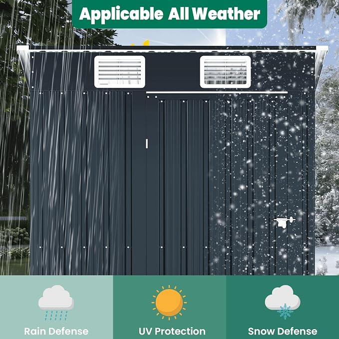 5x3 FT Outdoor Storage Shed, Weatherproof Garden Shed with Lockable Double Doors, Sloped Roof & Ventilation for Backyard, Patio, Poolside - Image 7