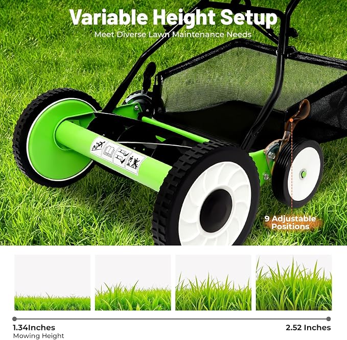 16-Inch 5-Blade Push Reel Lawn Mower, Cordless Manual Reel Lawnmower, Walk-Behind Steel Lawn Mowers with Removable Grass Catcher, Adjustable Cutting/Handle Height (16, Inches) - Image 2
