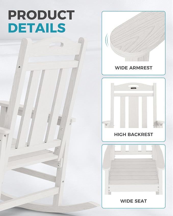 Ciokea Oversized Outdoor Rocking Chairs Set of 4, 380lbs Heavy-Duty Large Patio Rocker, High Back Cozy Porch Chairs, Weather Resistant Patio Rocking Chairs for Outside, Fire Pit, Deck, White - Image 6