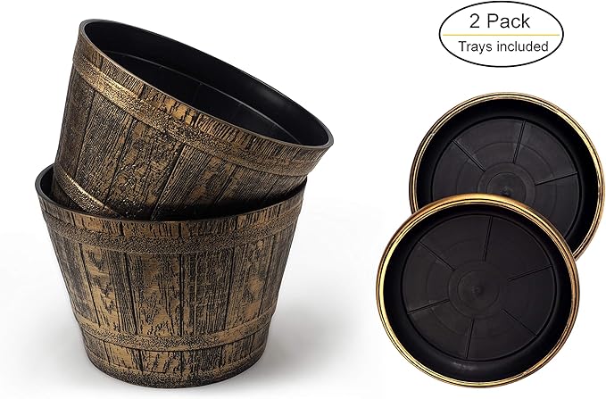 Set of 2 Plastic Whiskey Barrels Rustic Look (2 planters + 2 Matching Saucers) French Country Style Flowerpot Indoor Outdoor Garden Patio Office Home Decor Use Reusable Light Weight (Gold)