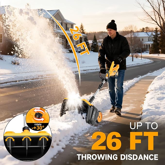 17-Inch Cordless Snow Shovel with Wheels, 9000mAh Brushless Electric Snow Blower Battery Powered, 26Ft Snow Thrower Distance&Adjustable Plate, Snow Removal for Driveway Deck Sidewalks - Image 7