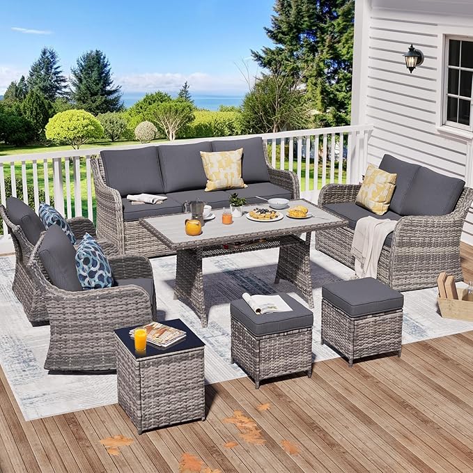 MEISSALIVVE 8 Pieces Patio Furniture Set with Swivel Rocking Chairs, Patio Conversation Set with Dining Table, Patio Dining Set with Waterproof Cushions for Lawn Backyard Porch (Grey)