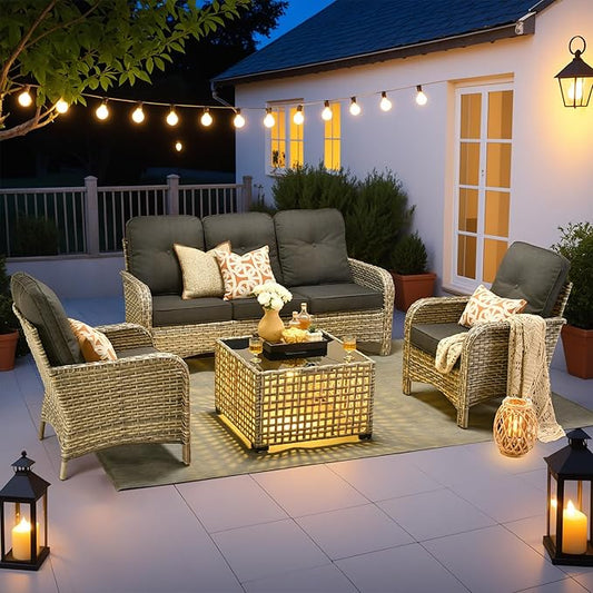 HOOOWOOO Outdoor Patio Furniture Set with Light Table,4 Pieces Wicker Conversation Set,All Weather High Back Couch Sofa Chairs Set,Black