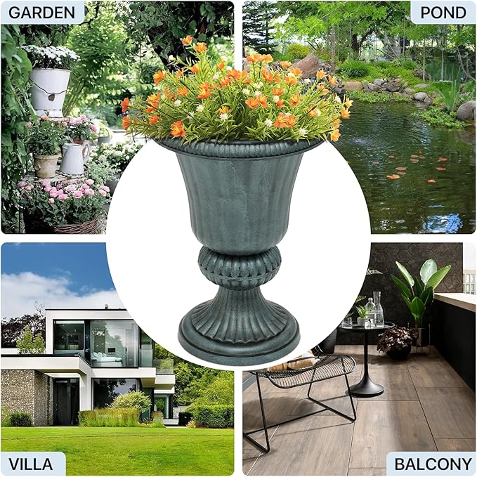 MoNiBloom 20-Inch Plastic Urn Planter Vase for Outdoor Indoor Plants Garden Patio Vintage Decorative Wedding Pedestal Roman Flower Pot Decoration Retro Home Front Porch Door Decor (Dark Green)