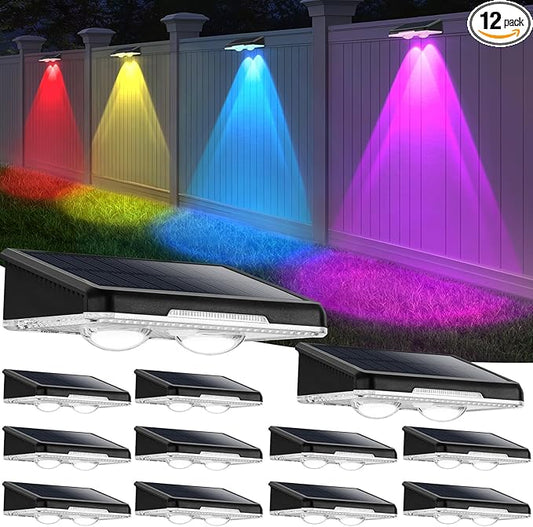 Solar Fence Lights 12-Pack, Waterproof Solar Powered Outdoor Deck Light with Warm White & 6 RGB Colors & 2 Lighting Modes, LED Solar Step Stairs Light for Deck, Fence, Outside, Patio, Garden, Backyard