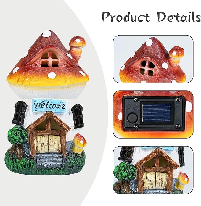Ferrisland Solar Powered Mushroom House Statue with LED Light, 6.8 Inch Resin Garden Figurine with Welcome Sign, Outdoor Decor for Patio, Lawn, Yard, Pathway, Garden Gifts(Mushroom House)