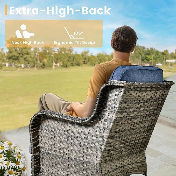 HOOOWOOO Patio Outdoor Furniture with Fire Pit Table,High Back 6 Piece Wicker Patio Conversation Set with Swivel Chairs,7 Person Couch Sofa Seating,Denim Blue