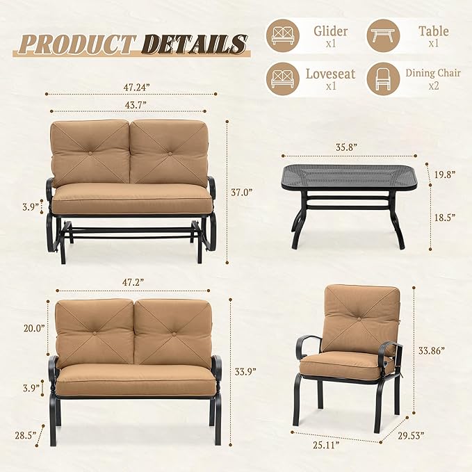 5 Pcs (6 Seats) Outdoor Patio Furniture Conversation Sets, Glider, Loveseat and Coffee Table, 2 Single Chairs with Cushions (Brown)