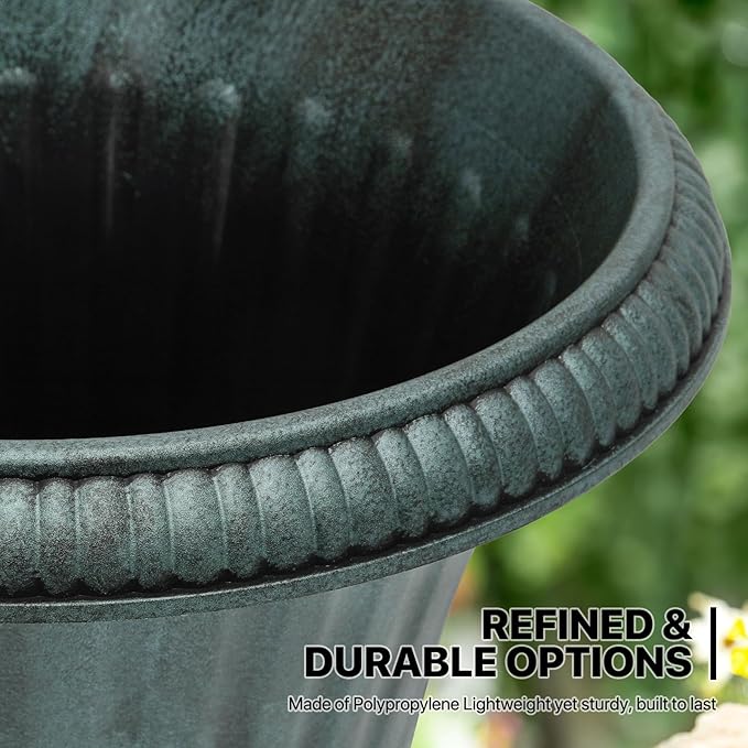 MoNiBloom 20'' Plastic Urn Planter Vase Set of 2, for Outdoor Indoor Plants Garden Patio Vintage Decorative Wedding Pedestal Roman Flower Pot Decoration Retro Home Front Porch Door Decor (Dark Green)