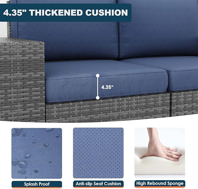 5 Piece Patio Furniture Set with Fire Pit Table, Outdoor Conversation Sets Grey Wicker Rattan Sectional Sofa, 4'' Thickened Cushion Navy Blue (Include Waterproof Cover)