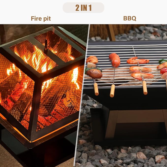 19.8inch Portable Small Fire Pit with a Removable Ash Pan, Fire Poker, Mesh Lid, 2 in 1 Square Outdoor Fireplace for BBQ, Outside Heating, Bonfire Party, Camping, Backyard, Patio, RV Trip - Image 5